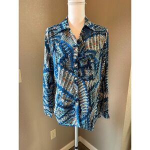 Sarah John Paris Womens Blue Geometric Tribal Print Button Down Shirt Size M